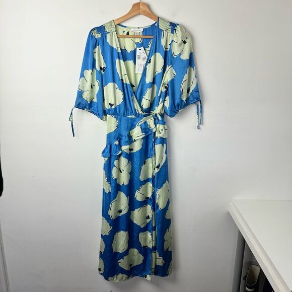NWT Topshop blue splodge flower ruffle textured wrap midi Dress in Blue Size 6 - Picture 6 of 15
